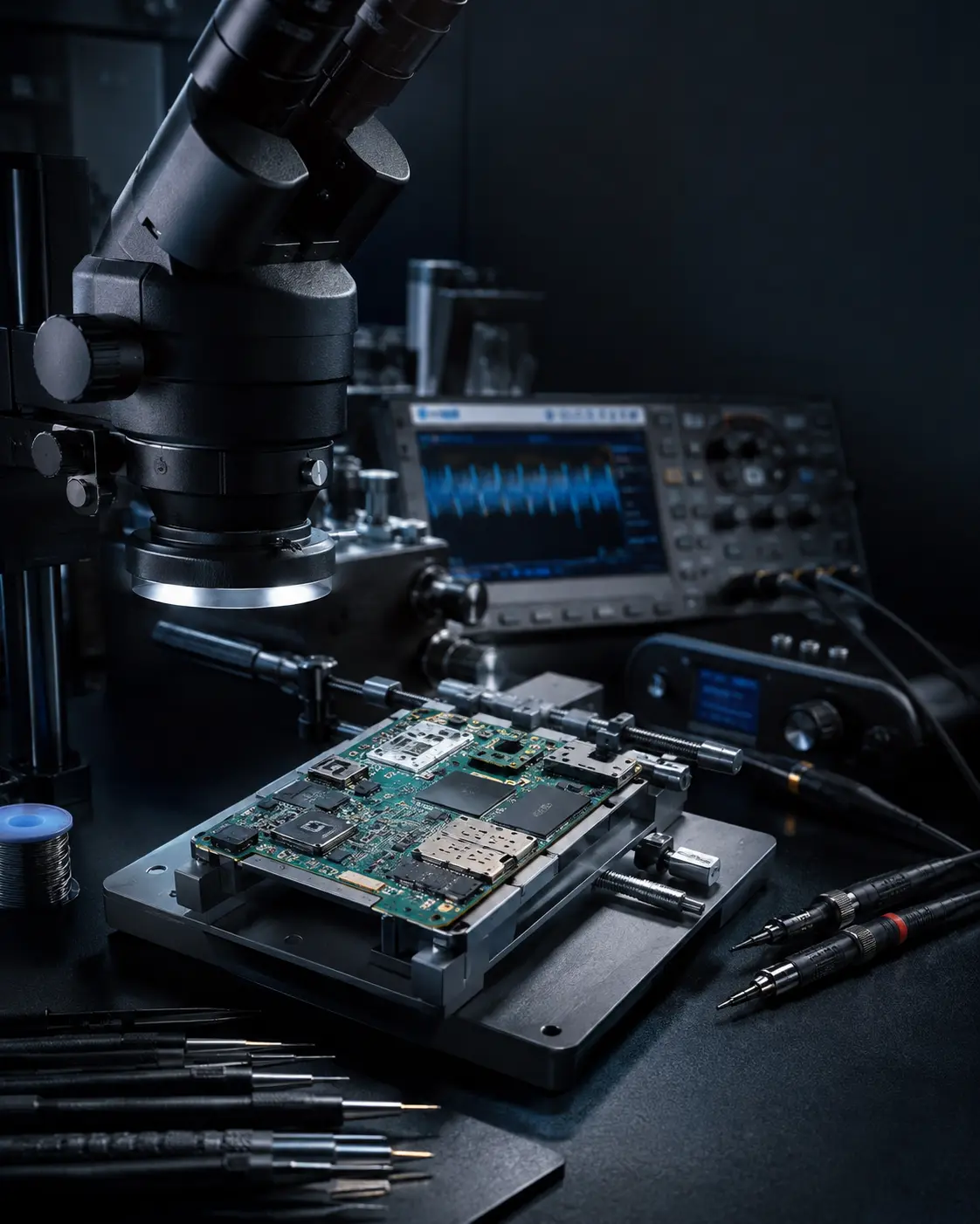 Illustrative close-up of a circuit board on a professional diagnostic bench
