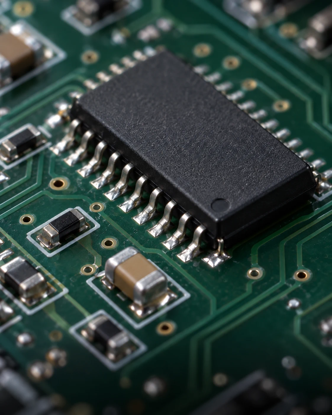 Illustrative macro of familiar integrated-circuit, resistor and capacitor details on a circuit board