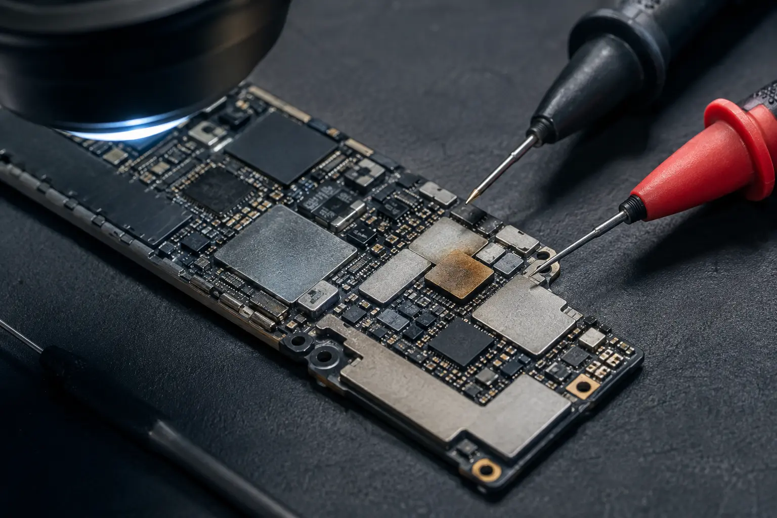 Illustrative close-up of a smartphone logic board during diagnostic testing