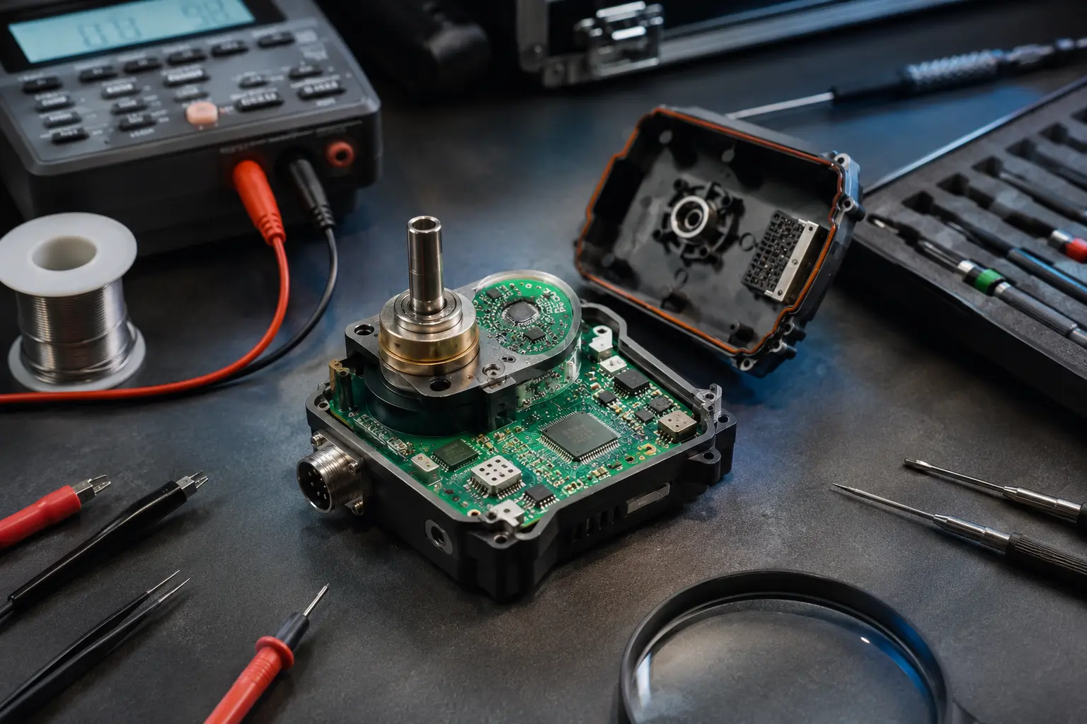 Illustrative industrial control module opened for electronics diagnosis