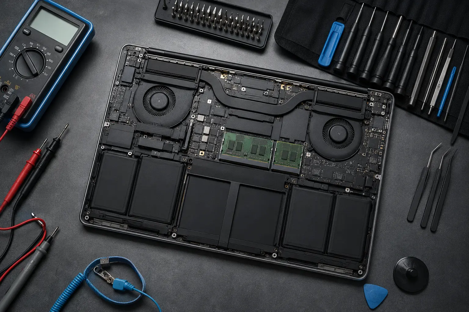 Illustrative top-down view of an opened laptop on a diagnostic bench