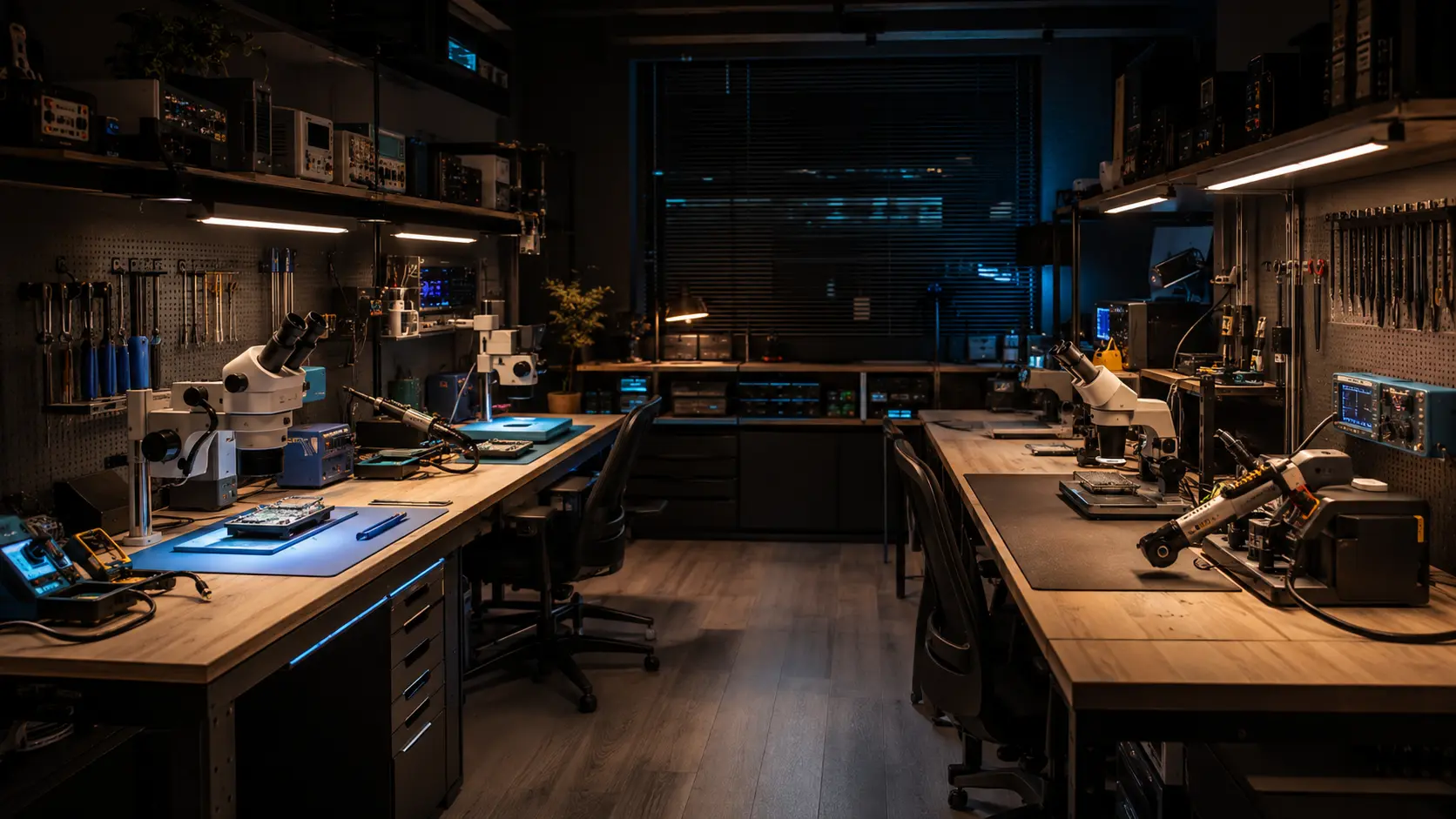 Illustrative view of an organised electronics repair workshop without people